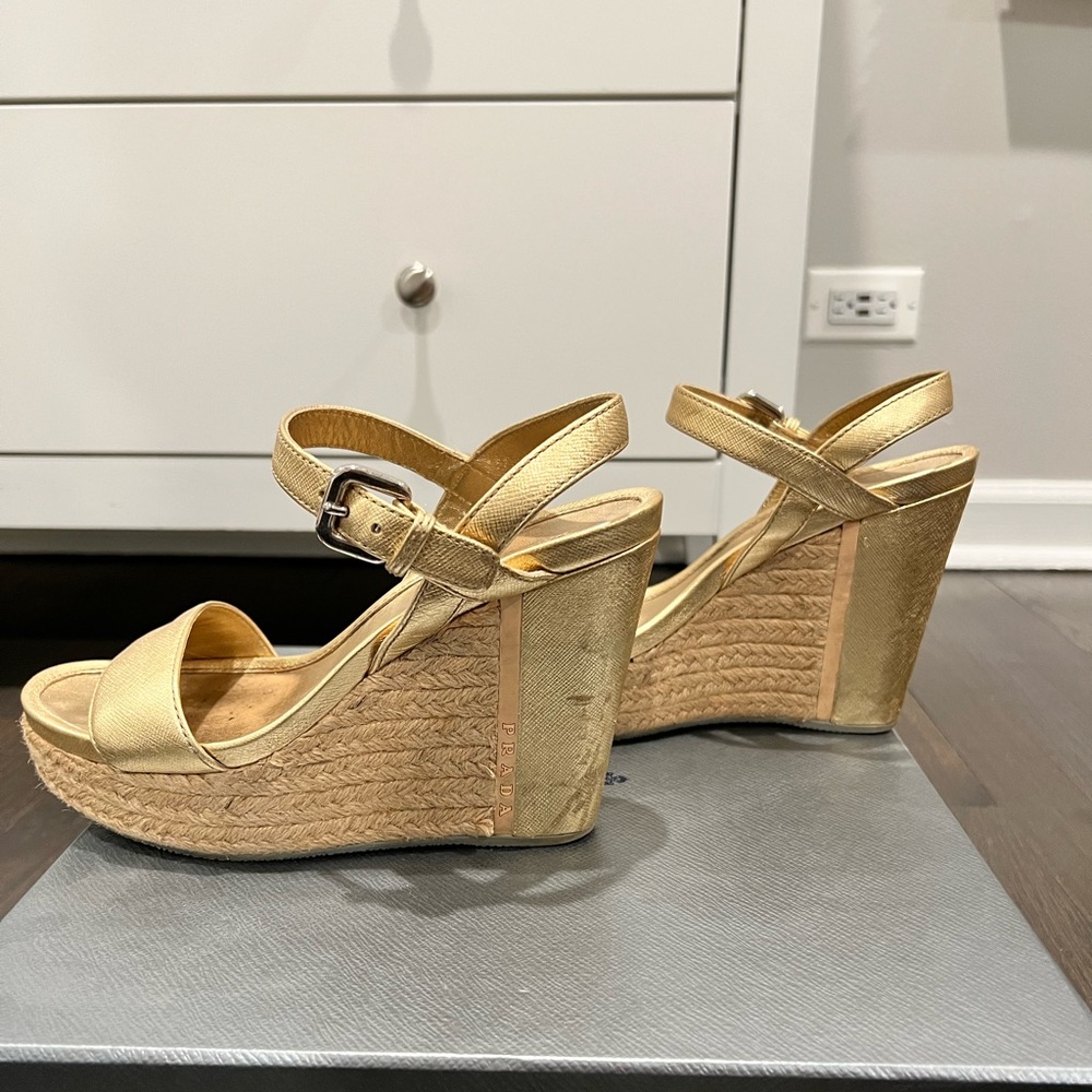 Prada Gold Ankle Strap Espadrille, size 36.5, Original box & shoe bag. - Picture 2 of 6